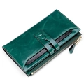 Dark green RFID leather long wallet featuring oil wax finish and secure buckle strap - Green