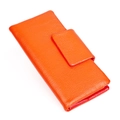 Long orange pebbled leather wallet for women with snap closure and tiered color interior - Orange