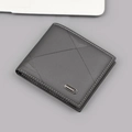 Cartera corta bifold de cuero gris oscuro para hombre con costuras geométricas - Negro