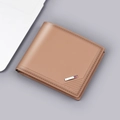 Slim bi-fold light brown leather wallet for men with metal logo and perforated texture - Light Coffee
