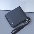 Short black frosted leather zipper wallet with wrist strap and tricolor stripes - Black