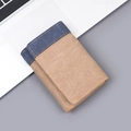 Tri-fold canvas wallet in blue denim and khaki contrast design with orange stitching - Coffee