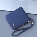 Navy blue matte wallet with L-shaped zipper and tricolor stripe detail with wrist strap - Blue