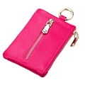 Fuchsia genuine leather keychain wallet with lychee pattern and gold metal ring - Rose Red