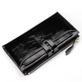 Women's black RFID leather long wallet with glossy finish and metal zipper closure - Black