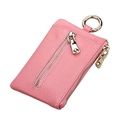 Pink litchi grain leather card holder with dual zippers and golden metal ring - Hot Pink