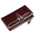 Dark brown oil wax leather long wallet for women with RFID protection and dual buckle - Coffee