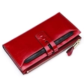 Women's long RFID genuine leather wallet in deep red oil wax finish with gold zipper - Red