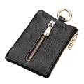 Black litchi grain leather key pouch with golden zippers and circular metal ring - Black