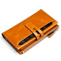 Long leather RFID wallet for women in bright orange with buckle closure and zip pocket - Earthy Yellow
