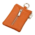 Orange lychee pattern leather key pouch with double zipper and gold ring attachment - Orange