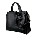 Black leather handbag with embossed crocodile texture and detachable shoulder strap - Black