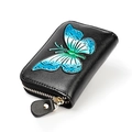 Genuine leather card wallet with artistic blue butterfly embossment and gold zipper - Black Blue-Green Butterfly Style (KB152 Blue) / Blue Butterfly