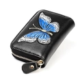 Genuine leather card holder with blue butterfly embossing and secure zipper closure - Black Blue-White Butterfly Style (KB152 Silver) / Silver Butterfly