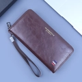Portefeuille long marron foncé en cuir ciré avec dragonne et détails rayés élégants - Café foncé