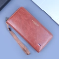Portefeuille long pour homme en cuir ciré marron avec dragonne et fermeture éclair - Café clair
