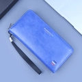Portefeuille long bleu en cuir huilé pour homme avec dragonne et rayures tricolores - Bleu