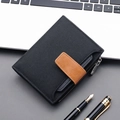 Short black canvas men's wallet with brown leather clasp and zipper pocket in black - Black