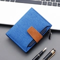 Blue canvas wallet for men with leather snap button closure and side zipper pocket - Blue