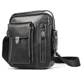 Men's black leather crossbody bag featuring white contrast stitching and silver buckle - Medium / Black