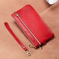 Red genuine leather long wallet for women with wrist strap and heart zipper detail - Red