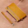 Litchi pattern genuine leather long wallet in bright yellow with heart zipper and wristlet - Yellow