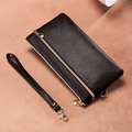 Women long leather wallet in dark brown litchi grain with heart zipper pull and wrist strap - Coffee
