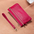 Genuine leather rose red long wallet with lychee pattern and heart zip pendants - Rose Red