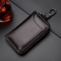 Funda de cuero marrón oscuro para llaves de coche con cremallera y gancho metal - Estilo con Gancho / Café