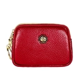 Dark red lychee pattern leather coin purse with golden rose emblem and keychain ring - Burgundy