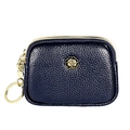 Navy blue pebble leather coin purse with double zippers and golden rose emblem - Dark Blue
