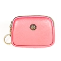 Pink genuine leather mini coin purse with gold rose emblem and double zipper finish - Pink