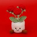 Detailed knit texture of handmade crochet red roses in a cute white smiling pot decor - Red 3 Bubble Roses (White Pot with Feet)