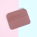 Detailed close-up of brown litchi grain leather card holder with zip pocket and 3 slots - Light Coffee