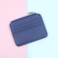 Macro view of blue lychee grain PU leather card holder with three card slots and zipper - Dark Blue