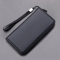 Elegante bolso de mano largo para hombre en cuero negro granulado con cremallera y correa - Negro