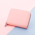 Porte-cartes rose à 20 fentes avec fermeture éclair, texture litchi et surpiqûres blanches - Rose