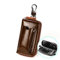 Brown leather car key pouch with silver zipper and multi-hook interior structure - Brown