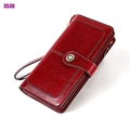 Portefeuille long pour femme en cuir ciré brun-rouge avec boucle marguerite et surpiqûres - Wine Red (3536)