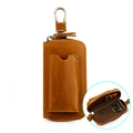 Brown vintage leather car key case with metal hook and internal zipper storage - Brown