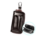 Dark brown oil wax leather car key bag with silver metal hook and internal key rings - Coffee