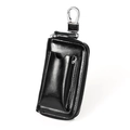 Classic black leather car key bag with glossy finish and silver metal keychain hook - Black