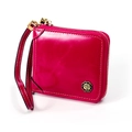 Cartera corta de cuero genuino RFID en rojo rosa con logo de rosa metálico fino - Rojo Rosa(8251)