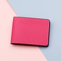 Slim rose pink leather card holder with contrast stitching and dual card slots - Rose Red