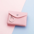 Pink lychee texture leather mini coin purse with silver snap button and keychain ring - Pink