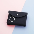 Minimalist black pebble grain leather coin purse with silver snap and key ring - Black