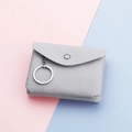 Minimalist grey litchi leather mini coin purse with silver snap button and keychain - Gray