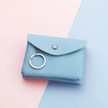 Mini light blue lychee pattern PU leather coin purse with silver snap and keychain - Blue