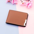 Brown leather driver license holder with white stitching and silver metal corner detail - Brown