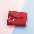 Mini red lychee grain leather coin purse with envelope flap and silver keychain - Red